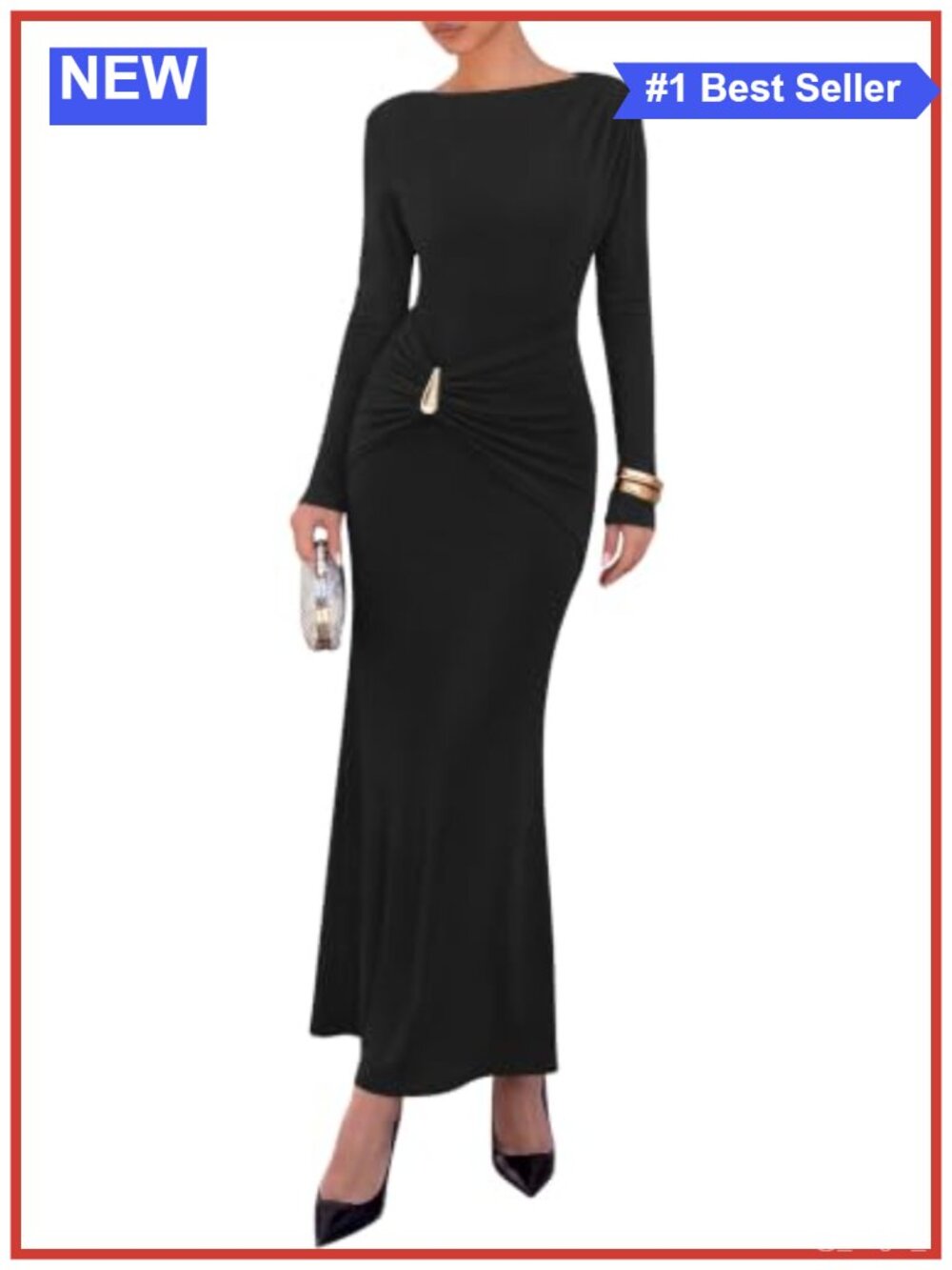 BTFBM Women's Boat Neck Ruched Maxi Dress Long Sleeve Bodycon